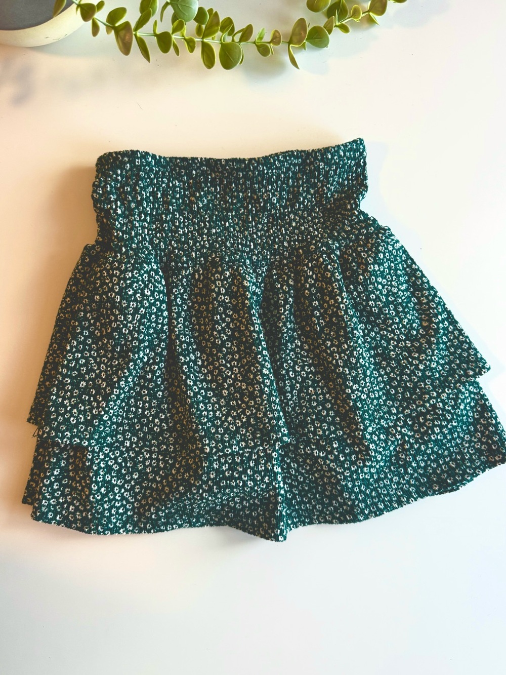 Zara Girls Green Floral Tiered Skirt Size 7 122cm Smocked Waist